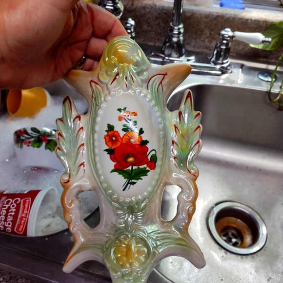 Floral Ceramic Vase with Green and Cream Accents